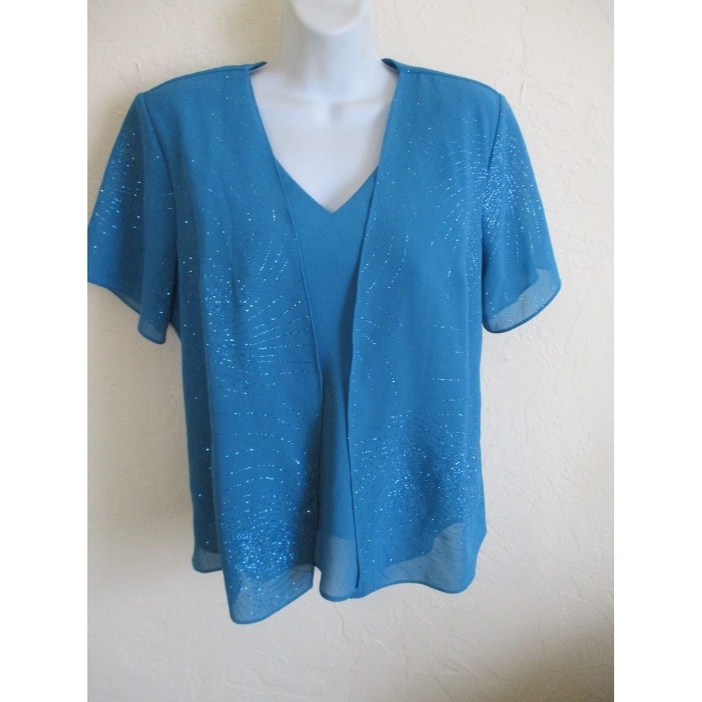Vintage 90s Another Thyme Layered Look Dressy Sparkly Top Size 12 Turquoise Blue